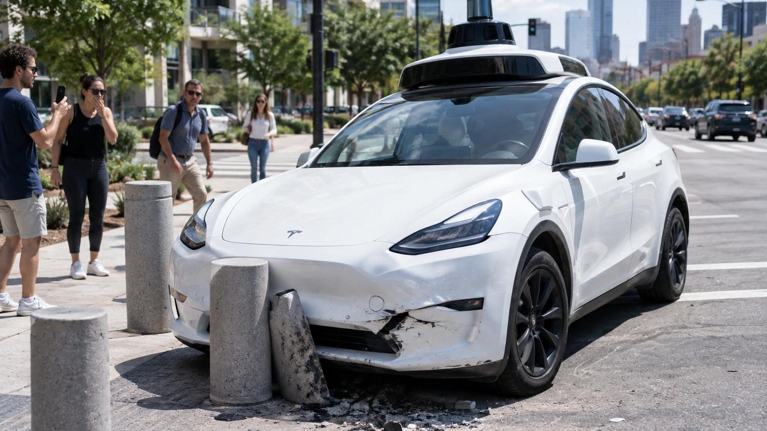 Un Model Y Tesla en mode robotaxi percute des bornes de protection piétonnes métalliques à une intersection d'Austin, bloqué par des équipements urbains qu'il n'a pas reconnus.