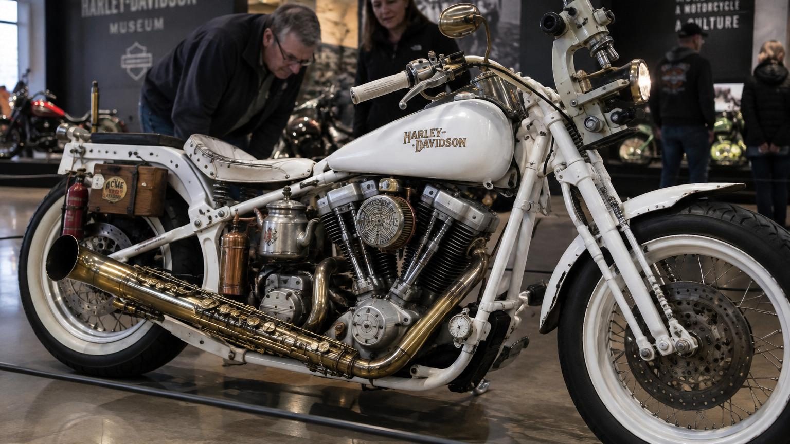 Un saxophone en guise d&rsquo;échappement, un microscope en phare : cette Harley-Davidson est assemblée avec des objets du quotidien