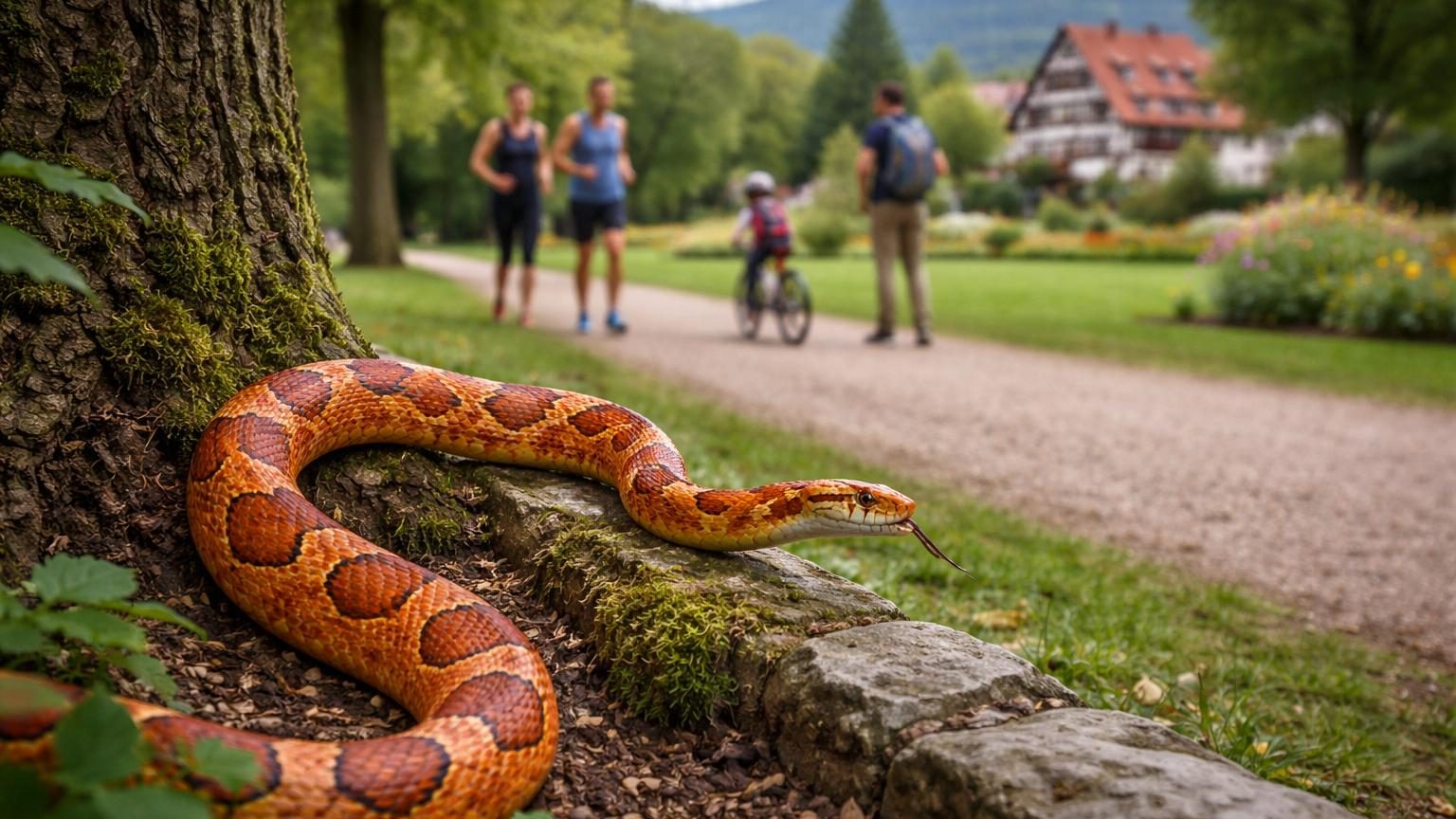 Serpent des blés orange et noir s'enroulant autour d'une branche dans un parc alsacien, sous la lumière naturelle