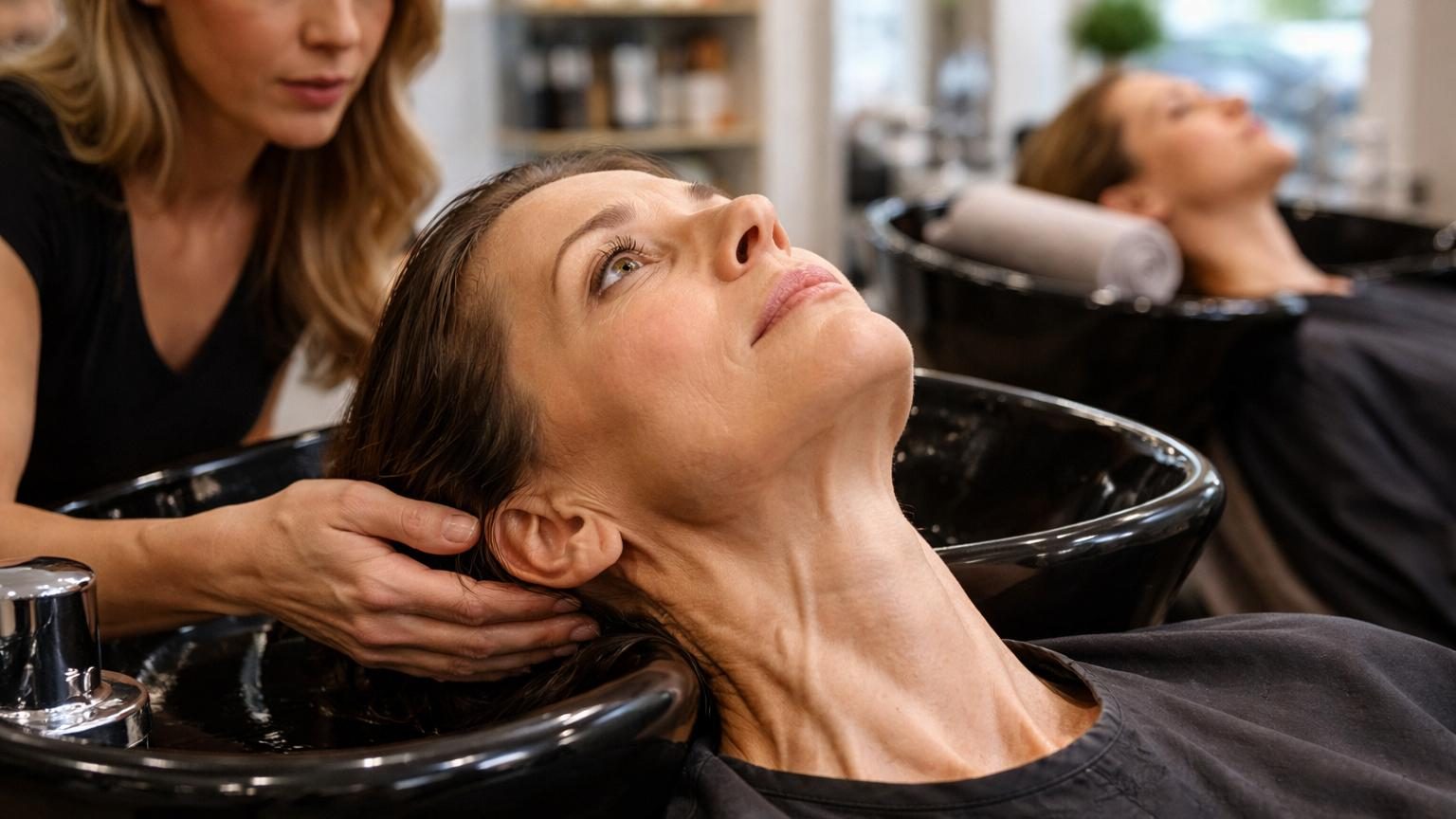 Vue rapprochée d'une personne allongée vers l'arrière au bac à shampoing d'un salon de coiffure, la tête en hyperextension au-dessus du rebord du bac.