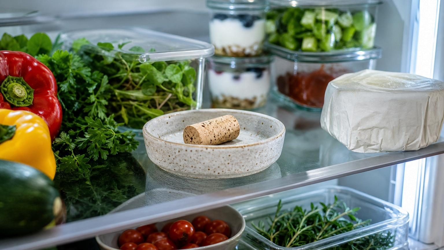 Un bouchon de liège naturel reposant dans une petite coupelle sur une étagère de réfrigérateur, entouré de différents aliments.