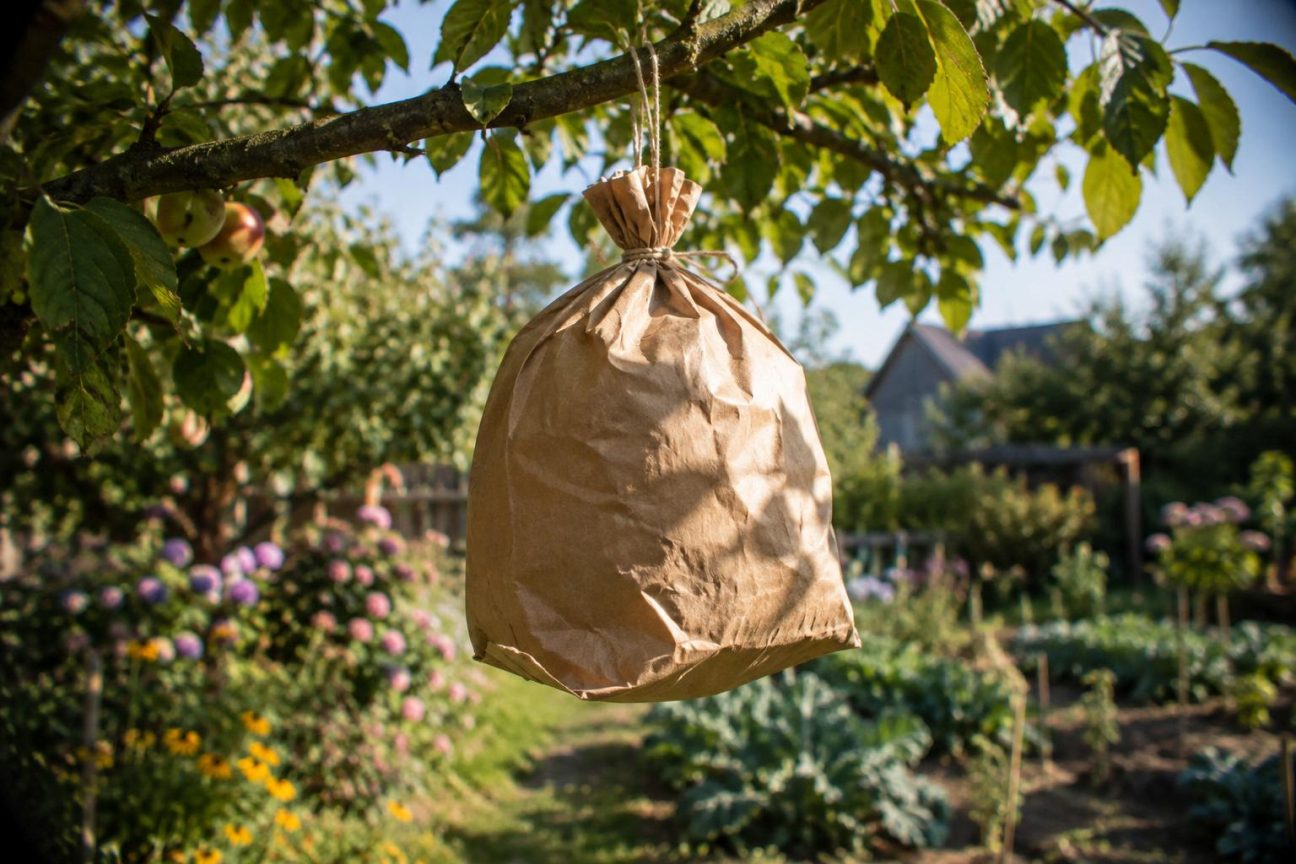 Un sac en papier kraft gonflé suspendu à une branche d'arbre, imitant la silhouette d'un nid de frelon asiatique, dans un jardin verdoyant au printemps.