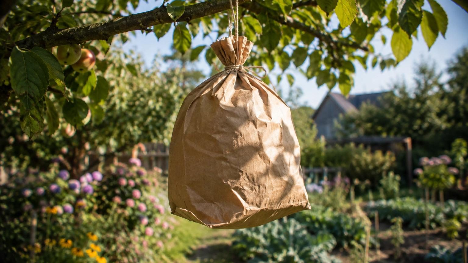 Un sac en papier kraft gonflé suspendu à une branche d'arbre, imitant la silhouette d'un nid de frelon asiatique, dans un jardin verdoyant au printemps.