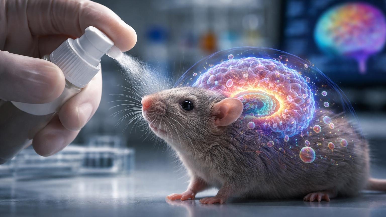 Illustration montrant une souris âgée recevant un spray nasal, avec en arrière-plan une représentation schématique d'un cerveau et de vésicules extracellulaires microscopiques.