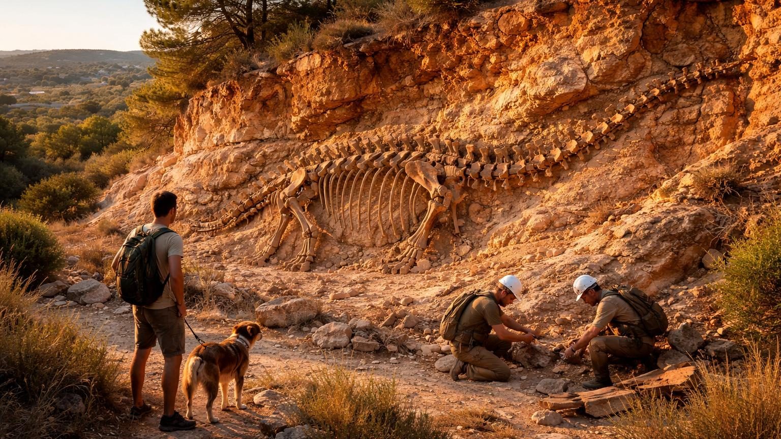 Fossile de titanosaure partiellement déterré dans une falaise rocheuse, montrant des os articulés en position anatomique conservée dans la pierre
