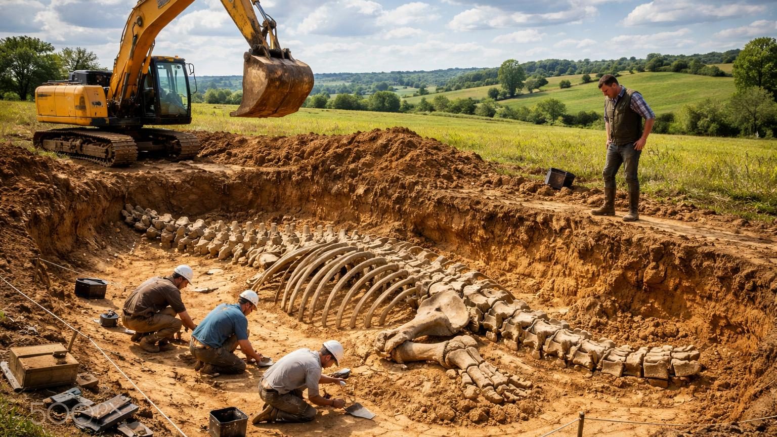 Illustration conceptuelle d'un titanosaure fossile partiellement dégagé du sol en Charente, avec os visibles et équipes de paléontologues en train de creuser délicatement autour des restes minéralisés.