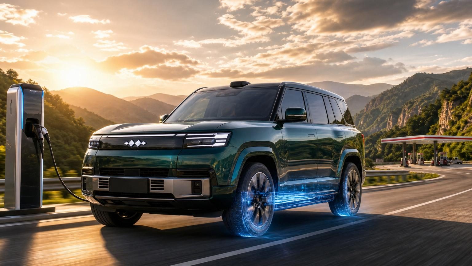 SUV hybride rechargeable Fang Cheng Bao Ti9 blanc de grande taille, vue de trois quarts, présenté dans un cadre professionnel avec ses caractéristiques techniques affichées.