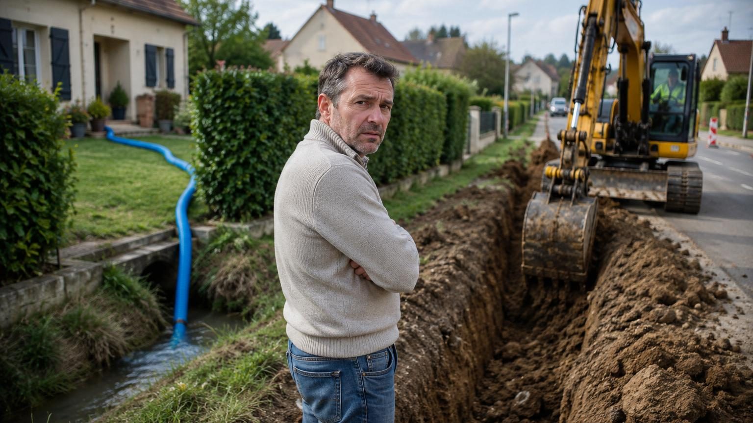 Une pelleteuse creuse une tranchée avec rubalise rouge et blanche devant une maison de banlieue tranquille, tandis qu'un tuyau discret serpente depuis la terrasse vers le fossé.