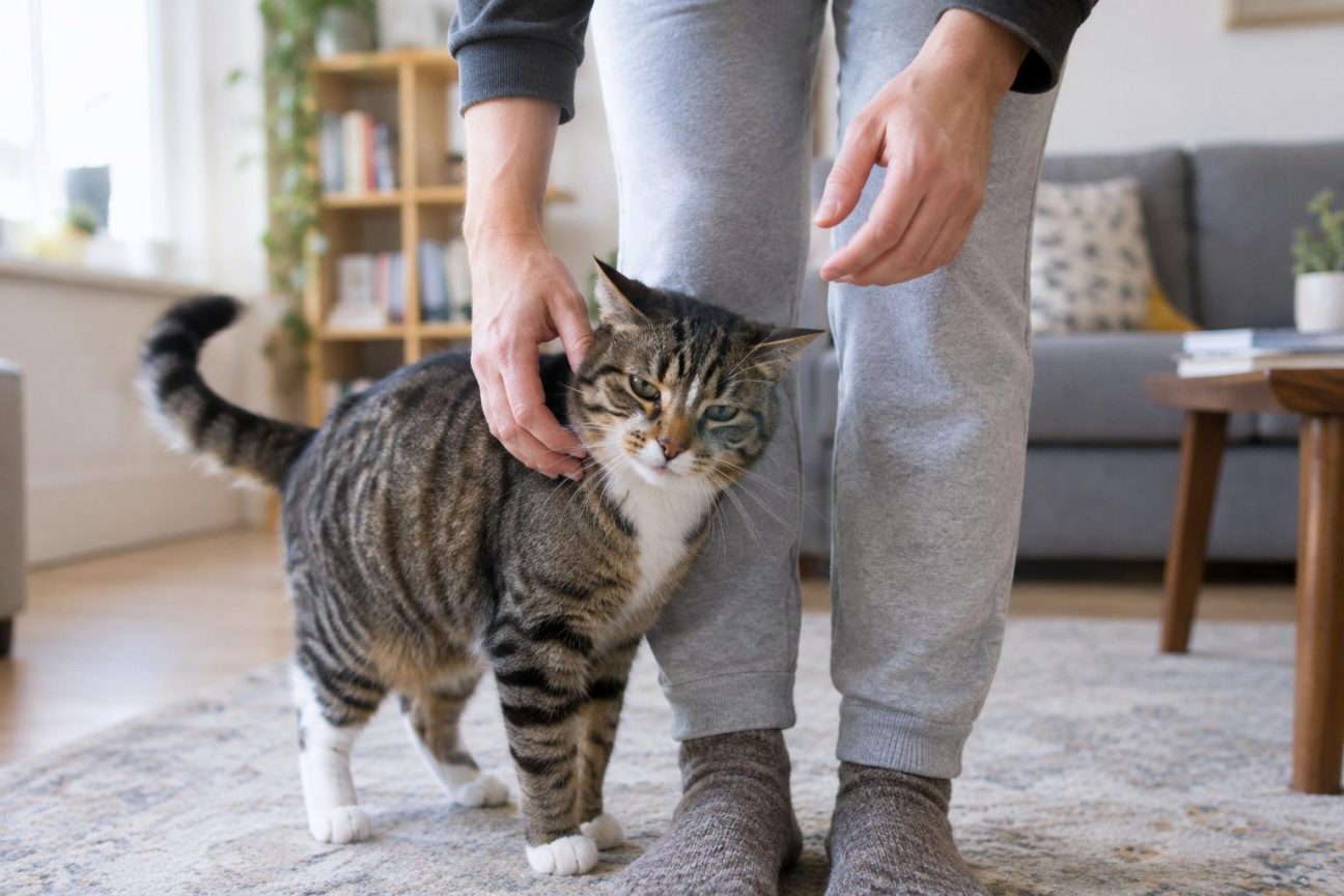 Chat gris et blanc frottant sa tête contre la jambe d'une personne assise, avec une main prête à le caresser légèrement