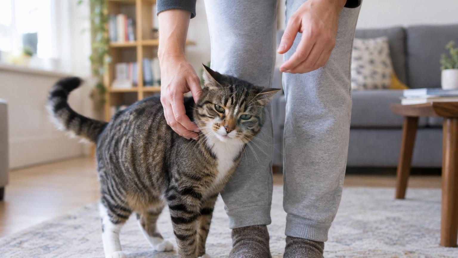 Chat gris et blanc frottant sa tête contre la jambe d'une personne assise, avec une main prête à le caresser légèrement