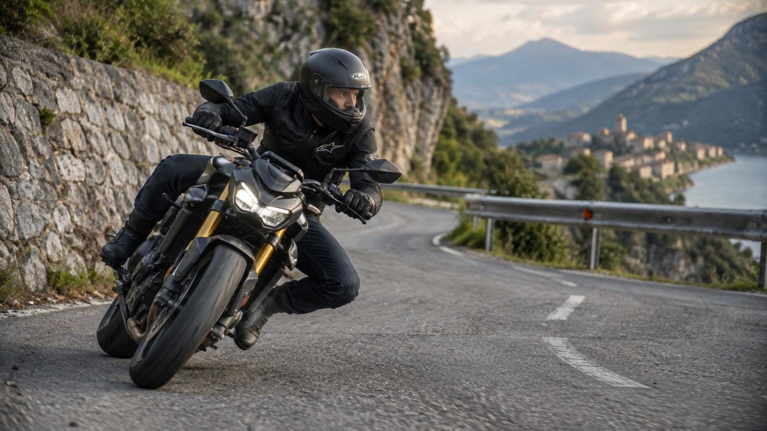 Motard en courbe sur route sinueuse de montagne, démonstration de technique de pilotage en inclinaison