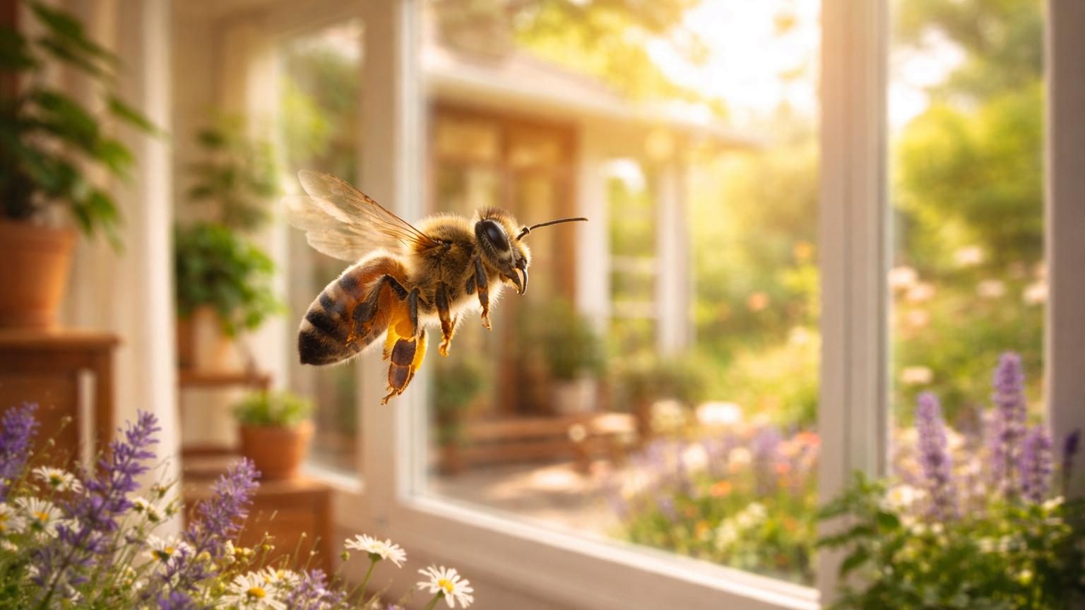 Une abeille dorée et noire en gros plan se posant sur un rebord de fenêtre ou une fleur près d'une maison, symbolisant la prospérité et l'harmonie énergétique selon le Feng Shui
