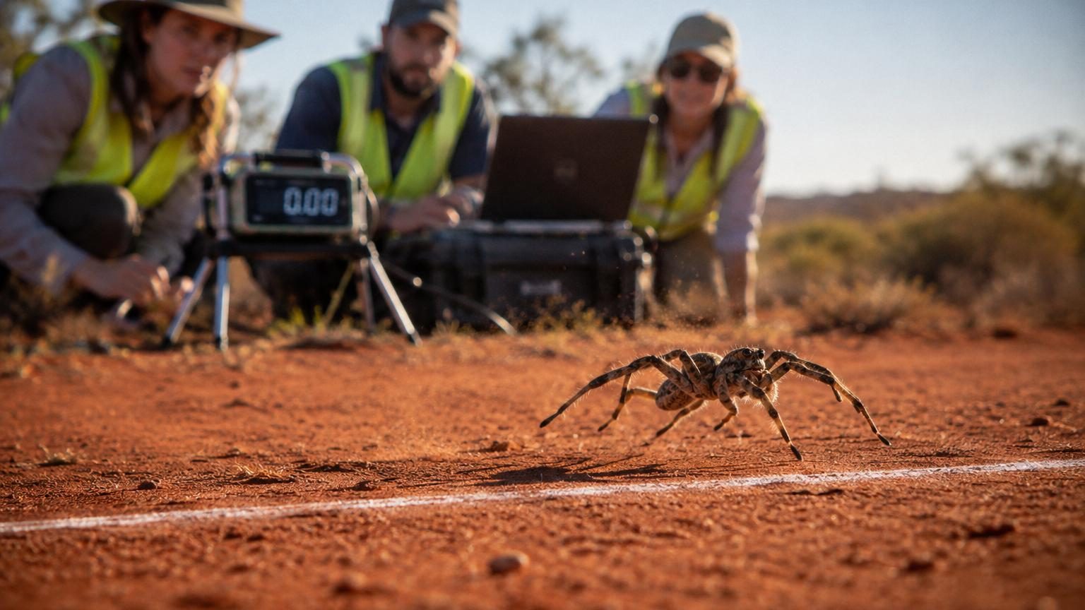 Araignée brune miniature vue de près sur un sol poussiéreux rouge, en position de sprint, illustrant le record de vitesse de 3,59 m/s capturé par haute fréquence vidéo.
