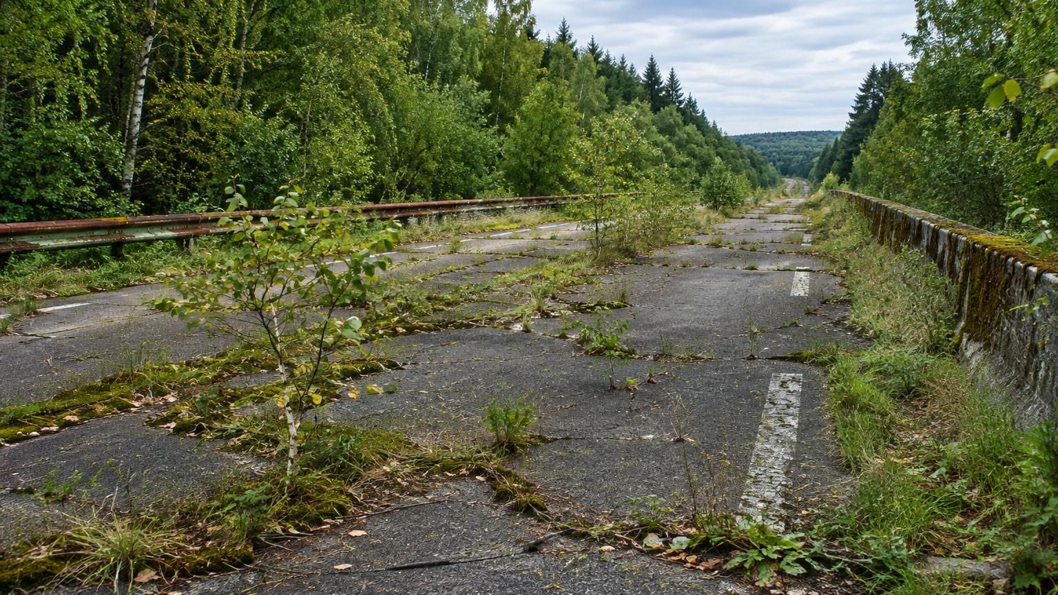 Portion abandonnée d'autoroute bordée de chaussée fissurée et d'herbe envahissante, avec panneaux solaires alignés au sol dans un paysage de zone minière transformée.