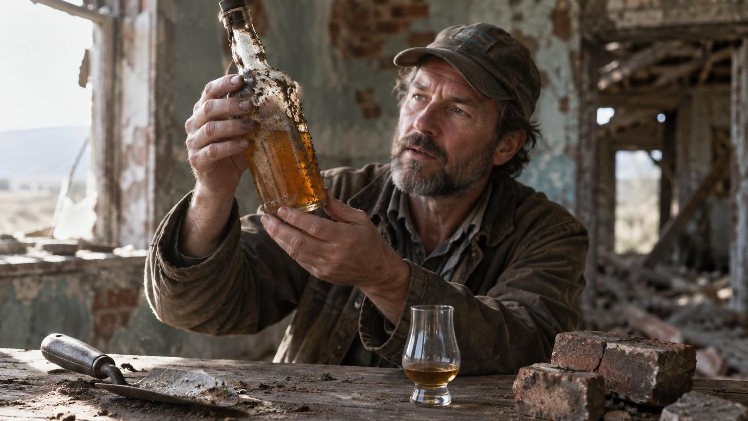 Bouteille d'alcool ancienne scellée découverte lors de fouilles archéologiques dans une ville fantôme minière de l'Utah, partiellement couverte de terre.