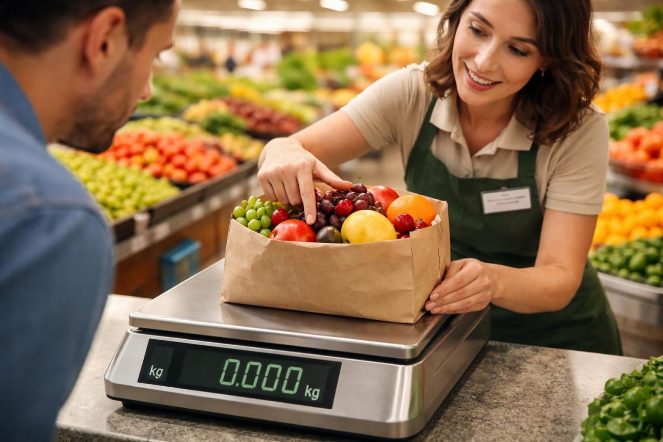Gros plan sur une balance libre-service de supermarché avec un sac de fruits positionné correctement au centre du plateau, montrant la zone d'affichage du poids numérique