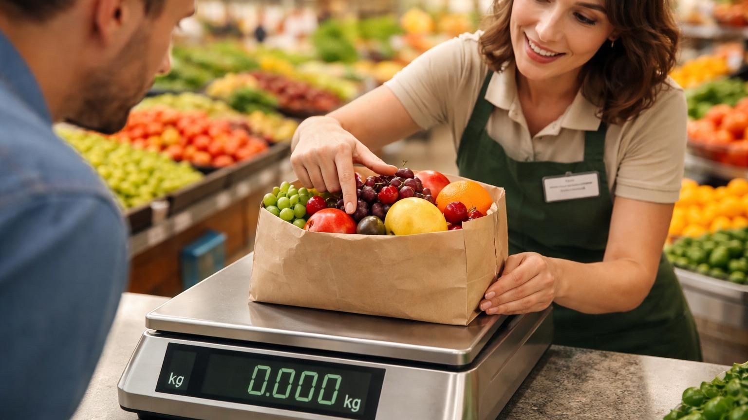 Gros plan sur une balance libre-service de supermarché avec un sac de fruits positionné correctement au centre du plateau, montrant la zone d'affichage du poids numérique