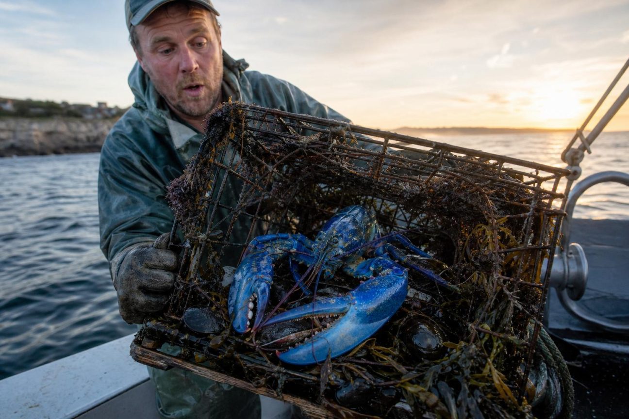 Un homard aux pinces levées affichant une carapace d'un bleu électrique vibrant, reposant dans un casier humide de pêcheur sur un bateau en mer.