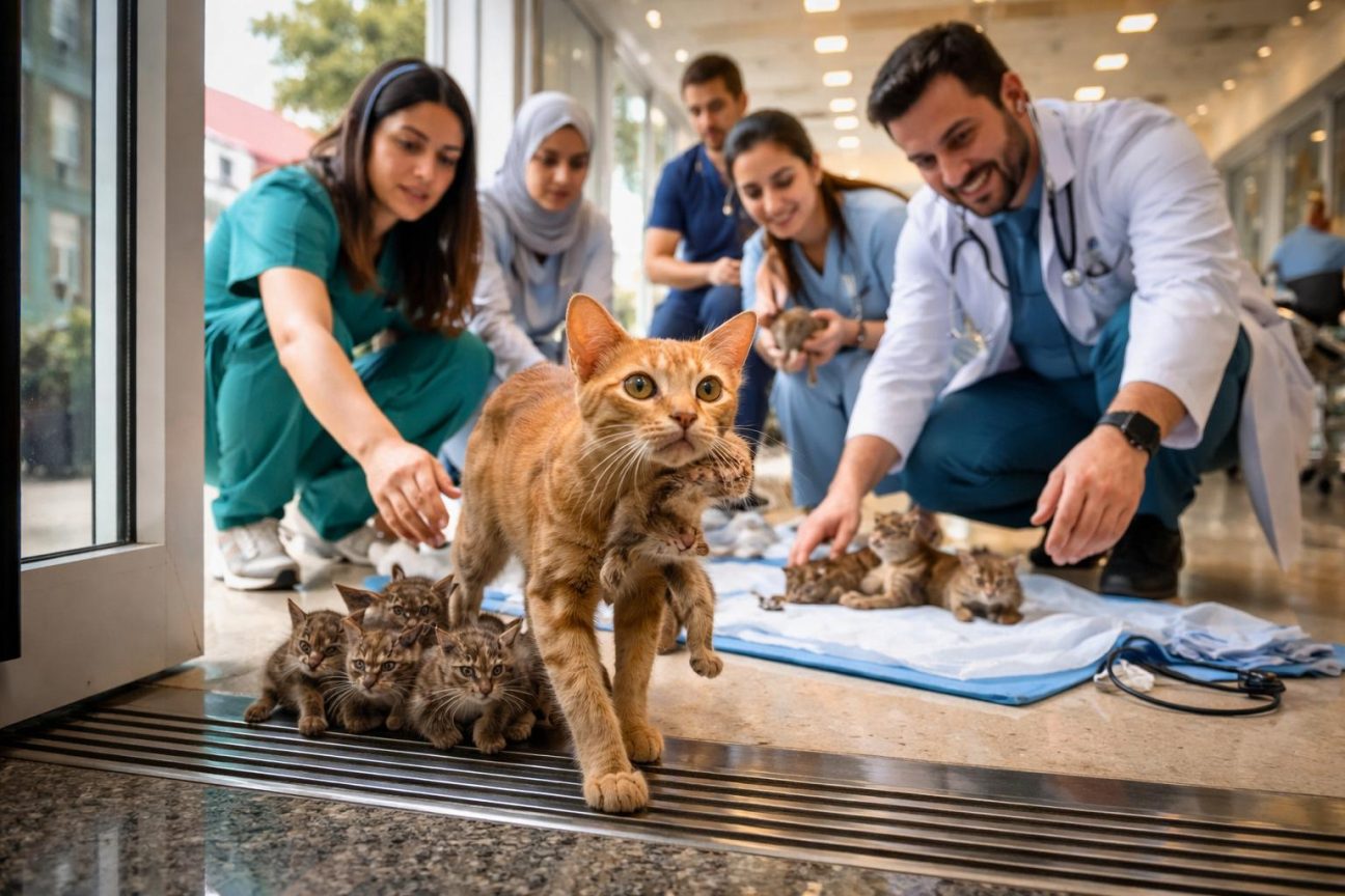 Une chatte rousse errant dans la rue porte son chaton dans sa gueule en traversant le hall d'un hôpital turc, demandant de l'aide au personnel médical bienveillant.