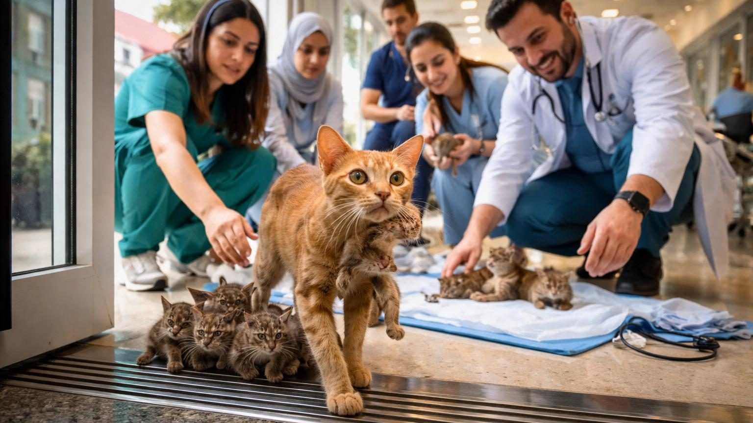 Une chatte rousse errant dans la rue porte son chaton dans sa gueule en traversant le hall d'un hôpital turc, demandant de l'aide au personnel médical bienveillant.