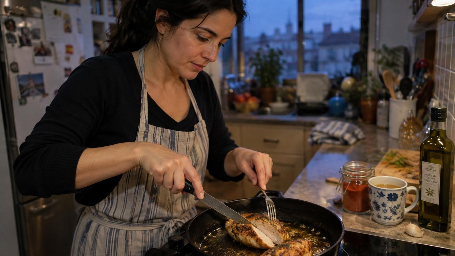 Cheffe Elena en train de faire cuire deux blancs de poulet aplatis dans une poêle chaude avec de l'huile d'olive et du paprika, avec des gousses d'ail visibles.