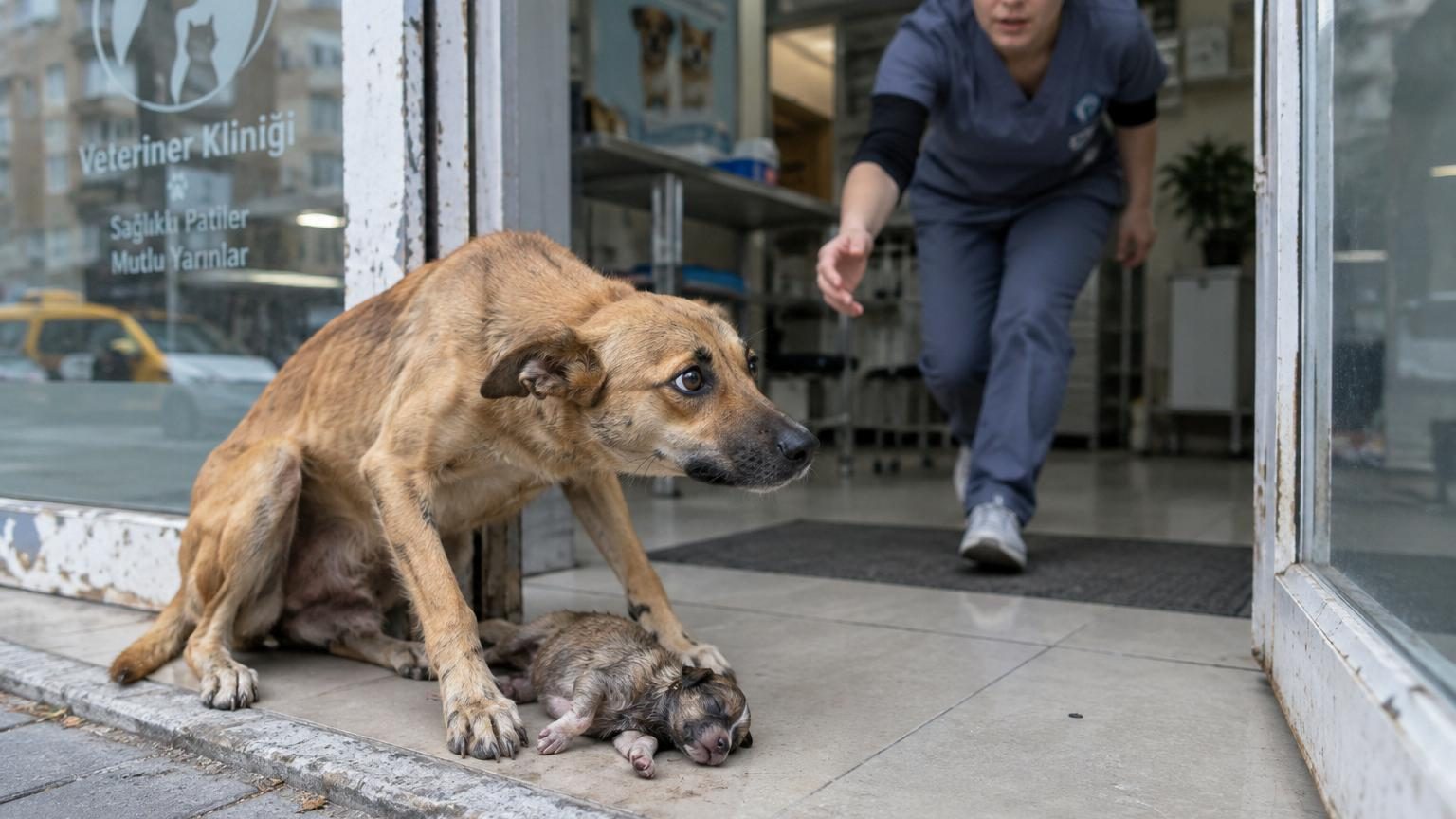 Une chienne errante dépose son chiot inconscient devant la porte d'une clinique vétérinaire à Istanbul, cherchant de l'aide pour sauver son petit.