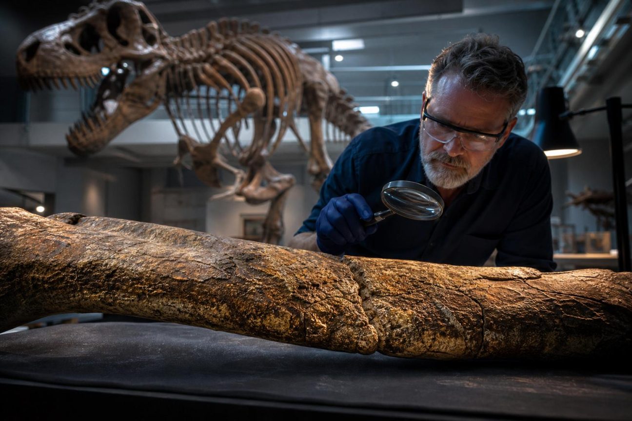 Côte fossilisée de Scotty montrant une fracture réparée avec cal osseux minéralisé visible, témoignage de survie d'un T. rex il y a 66 millions d'années