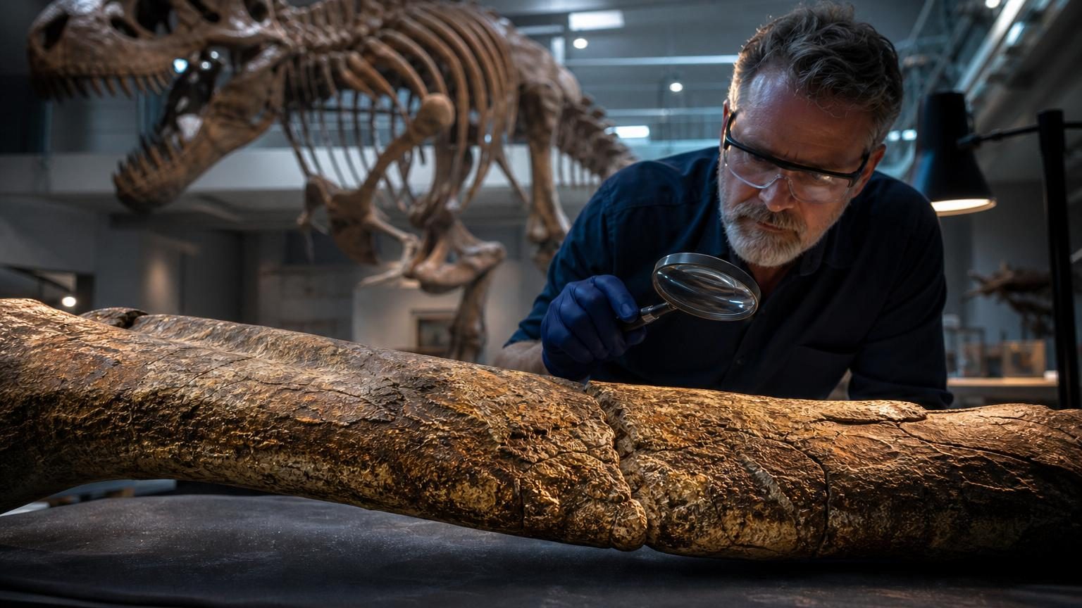 Côte fossilisée de Scotty montrant une fracture réparée avec cal osseux minéralisé visible, témoignage de survie d'un T. rex il y a 66 millions d'années