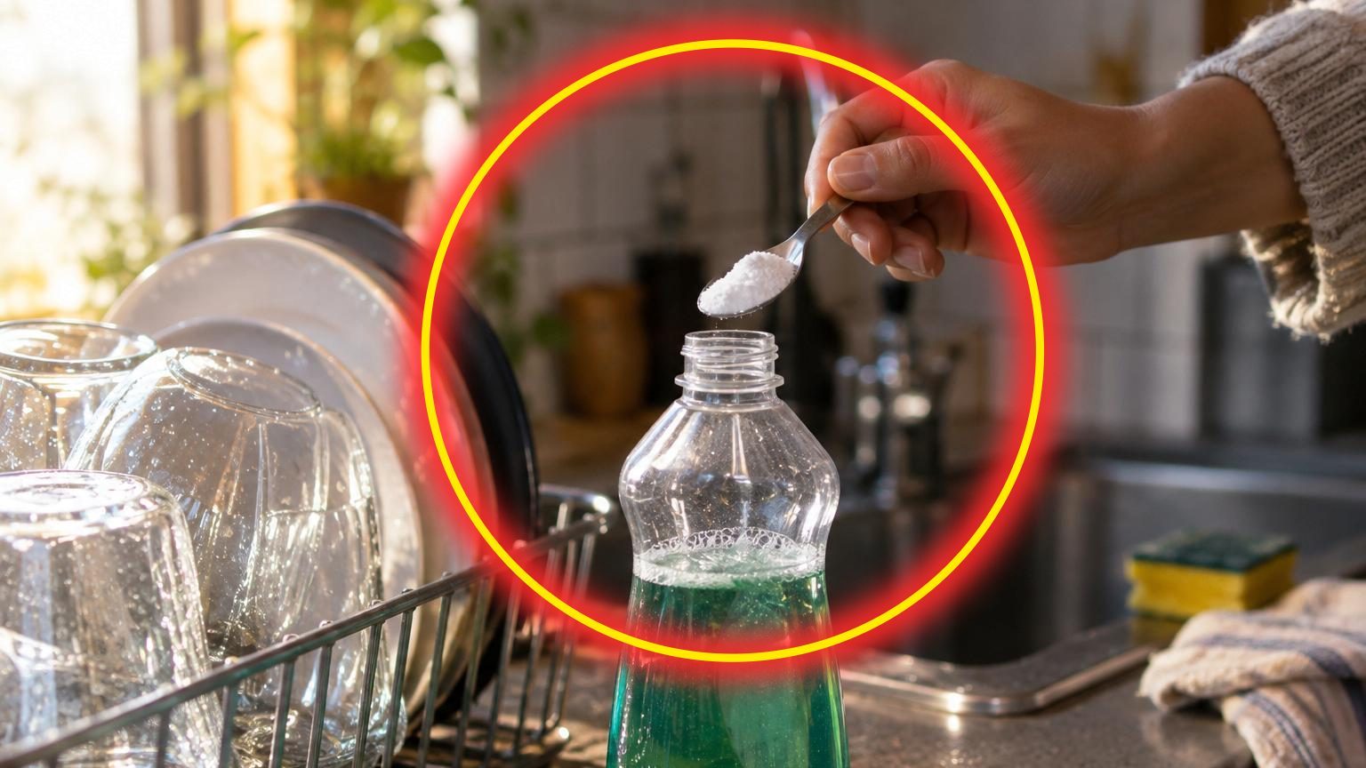 Cuillère de sel fin versée dans une bouteille de liquide vaisselle transparente, avec des verres et des assiettes propres étincelantes en arrière-plan