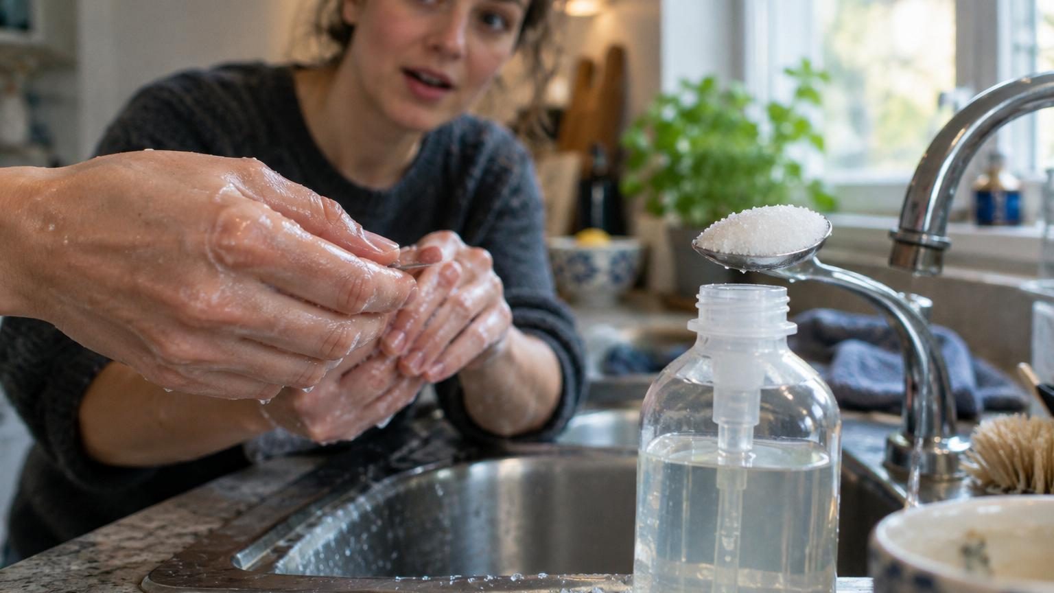 Une cuillère de sucre dans le savon liquide de l'évier : à quoi ça sert et ce qui arrive à la peau des mains après le lavage