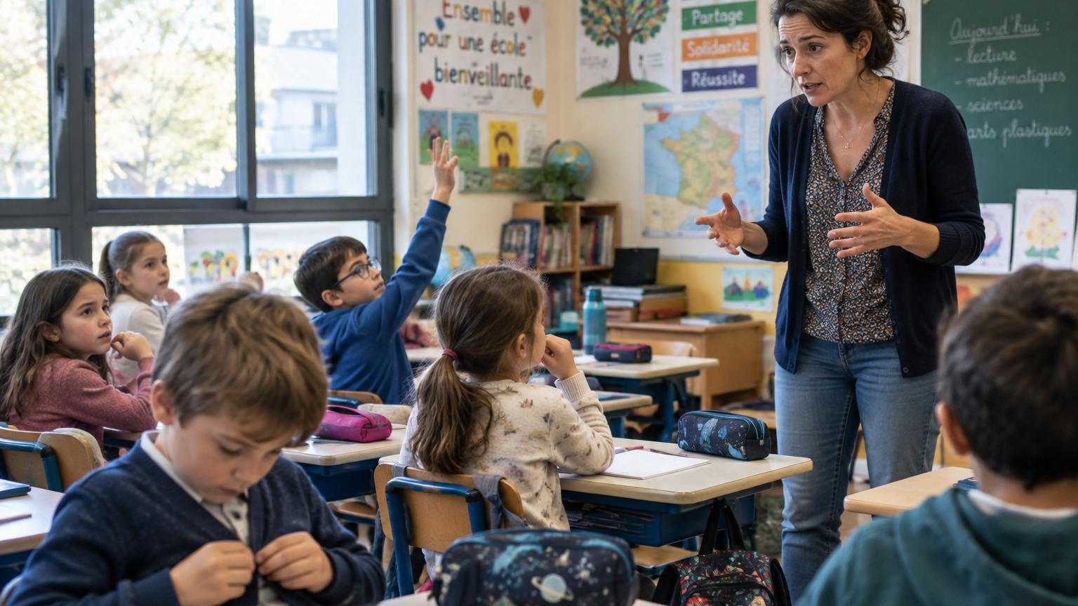 Une salle de classe avec des enfants de primaire assis à leurs bureaux, une horloge à aiguilles visible au mur, symbolisant les apprentissages de base en question.