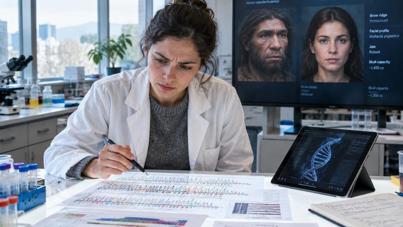 Illustration scientifique montrant deux figures humanoïdes préhistoriques, un homme de Néandertal et une femme Homo sapiens, dans un paysage de l'Eurasie ancienne avec des traces génétiques symboliques.
