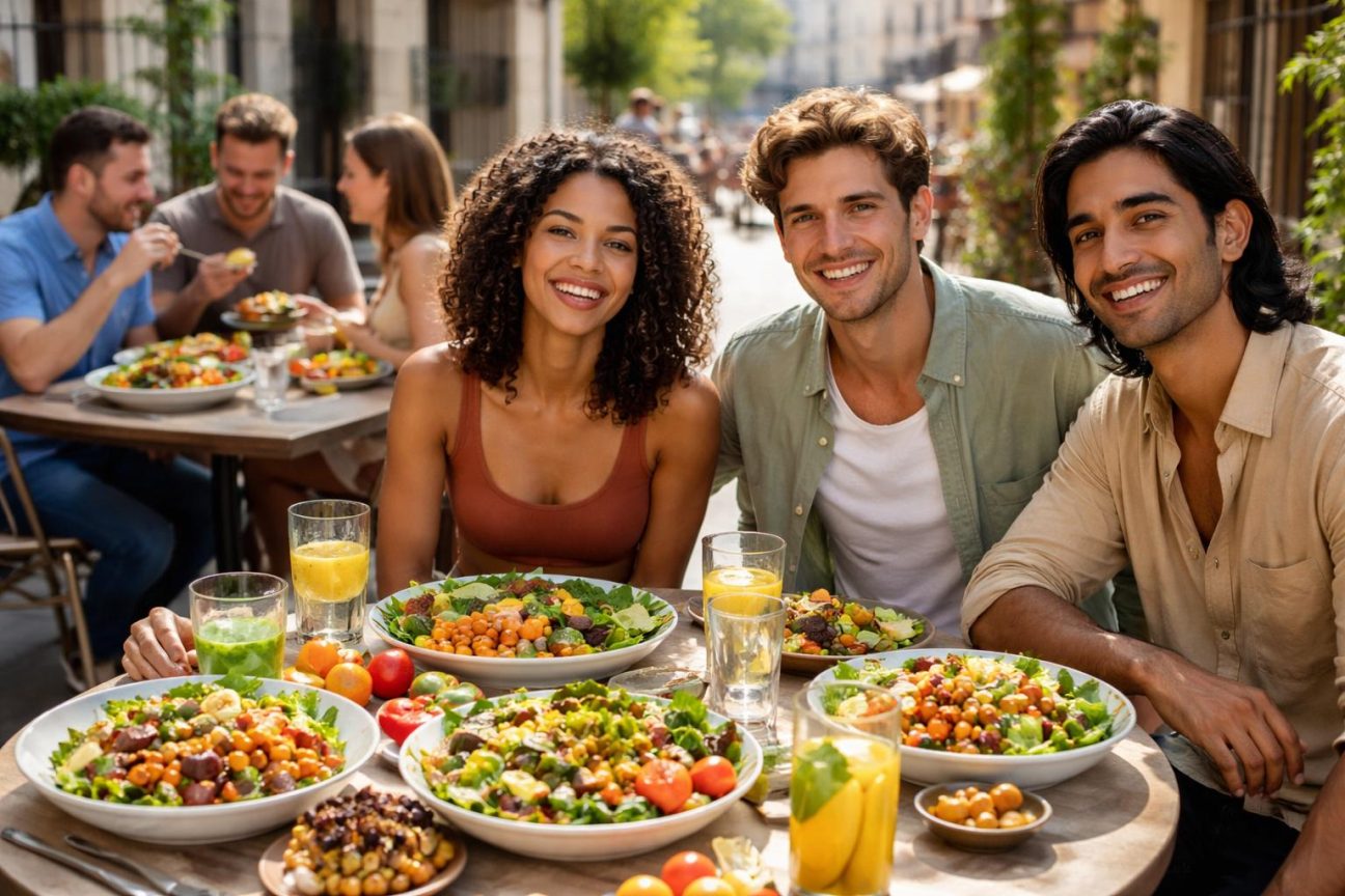 Assiette équilibrée composée de légumes verts, de légumineuses colorées, de céréales complètes et de fruits frais, illustrant les bases d'une alimentation végan variée et nutritive