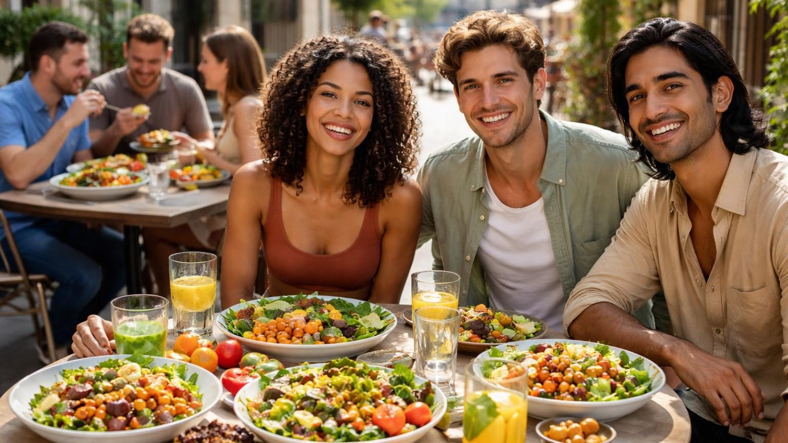 Assiette équilibrée composée de légumes verts, de légumineuses colorées, de céréales complètes et de fruits frais, illustrant les bases d'une alimentation végan variée et nutritive