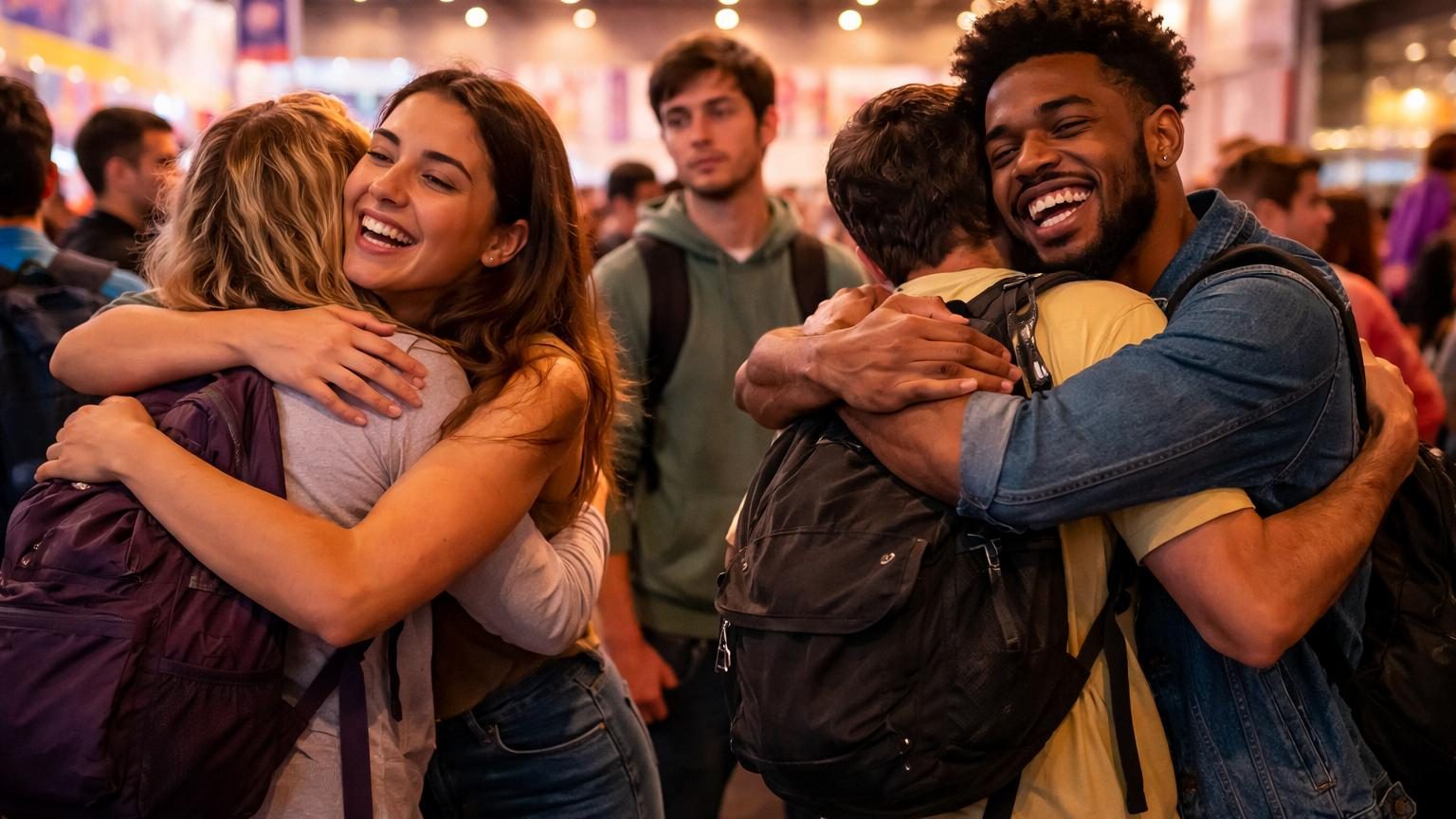 Personne tenant un panneau Free Hugs qui propose des câlins gratuits à des inconnus lors d'une convention de fans bondée