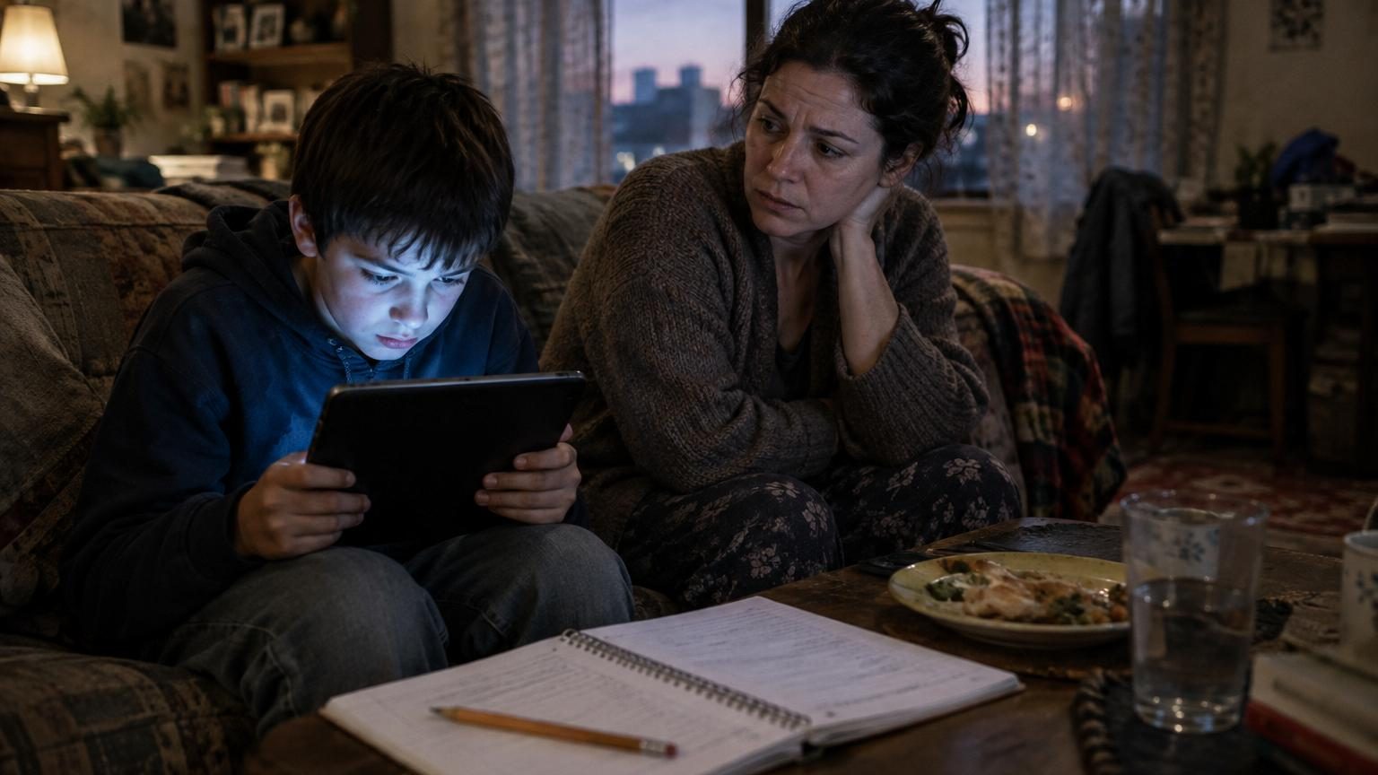 Un enfant concentré devant un écran de smartphone ou tablette, illustrant l'impact du temps d'écran sur le développement des jeunes