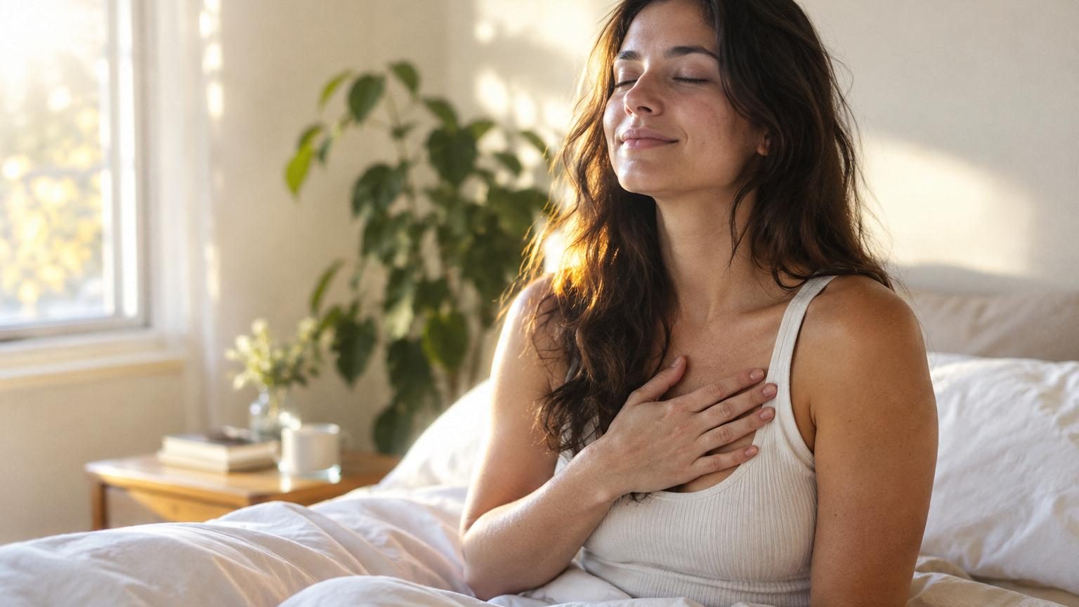 Une personne se réveille le matin, l'air serein, en se posant des questions bienveillantes pour orienter sa journée vers le positif et la découverte.