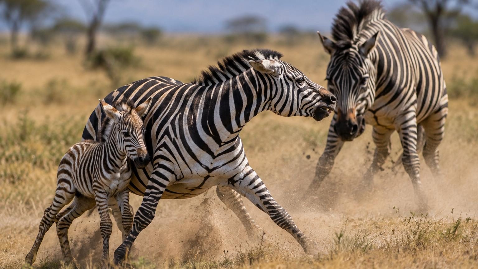 Une femelle zèbre se place entre un mâle agressif et un jeune poulain dans la savane africaine, le protégeant physiquement des coups de sabot.