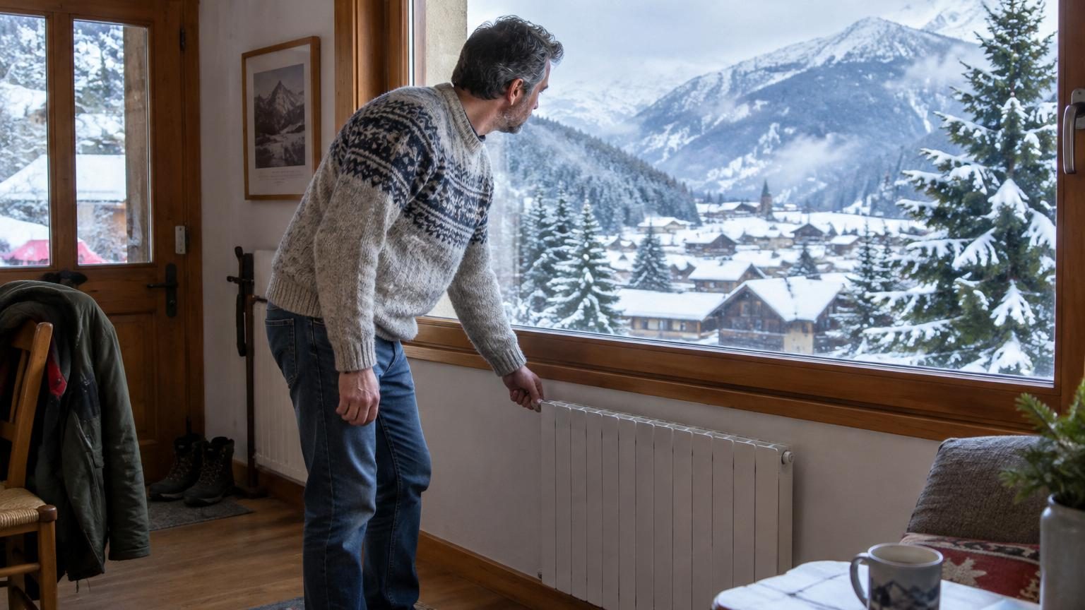 Vitre givrée avec vue sur paysage enneigé en montagne, thermostat blanc visible en premier plan avec curseur entre 18 et 20 degrés Celsius