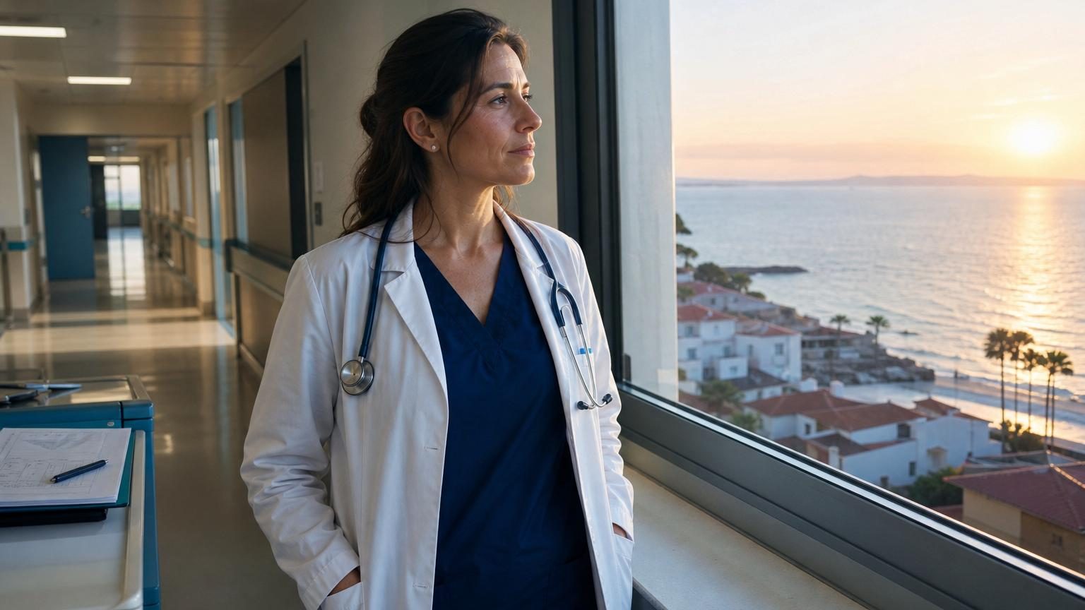 Portrait d'une médecin en blouse blanche dans un cabinet médical, documentant son expérience d'expatriation professionnelle en Espagne.