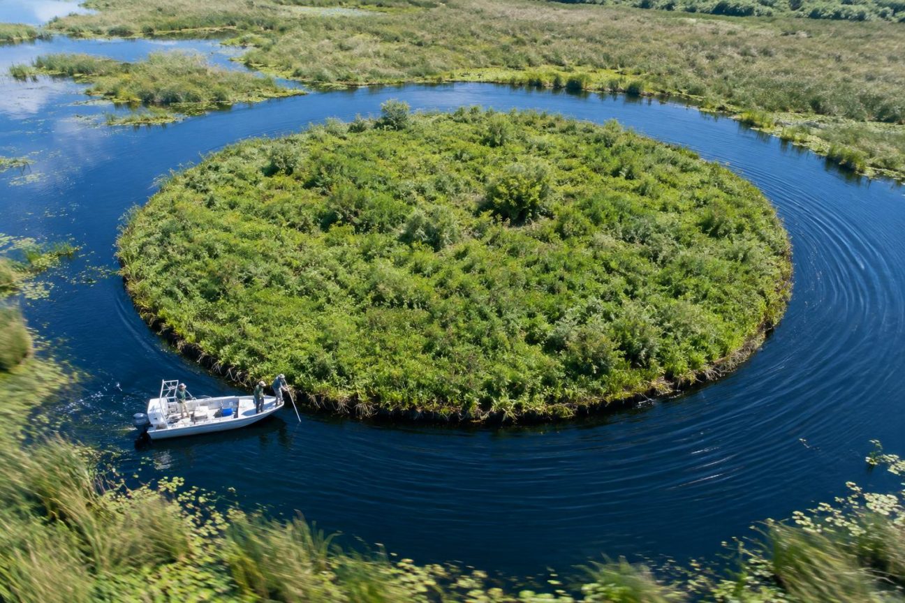 Vue aérienne d'une île circulaire parfaitement ronde flottant au centre d'un lac lui-même circulaire, entourée de roseaux et de zones humides du delta du Paraná en Argentine.