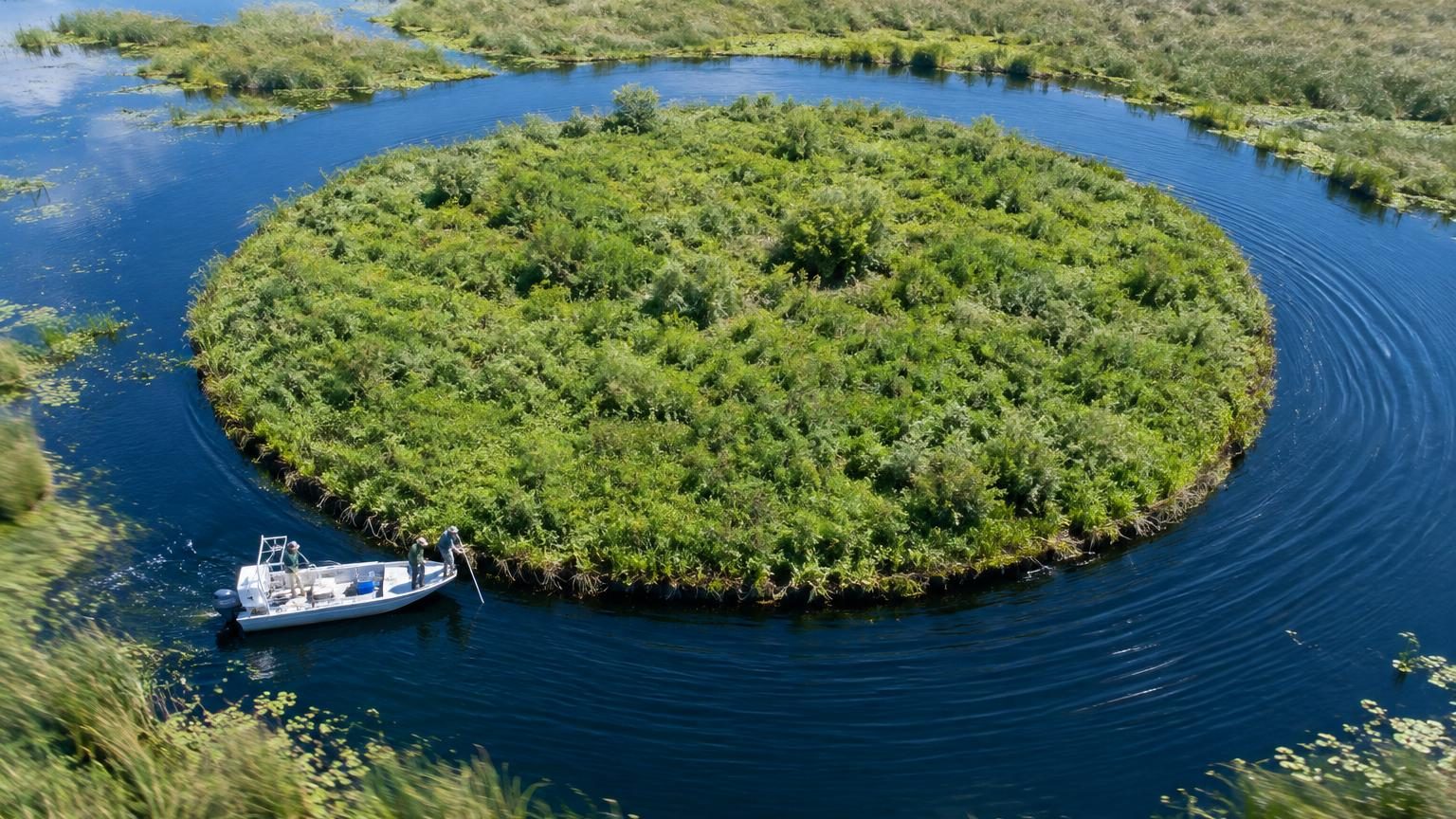 Vue aérienne d'une île circulaire parfaitement ronde flottant au centre d'un lac lui-même circulaire, entourée de roseaux et de zones humides du delta du Paraná en Argentine.