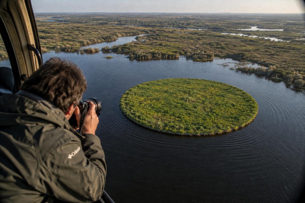 Vue aérienne d'une île circulaire végétalisée entourée par un lac rond aux eaux sombres, ressemblant à une pupille dans l'iris, au cœur du delta du Paraná en Argentine