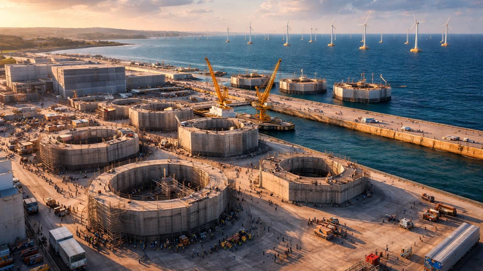 Chantier de construction d'une méga-usine portuaire avec grues et installations industrielles, symbole de la fabrication en série de flotteurs pour éoliennes marines.