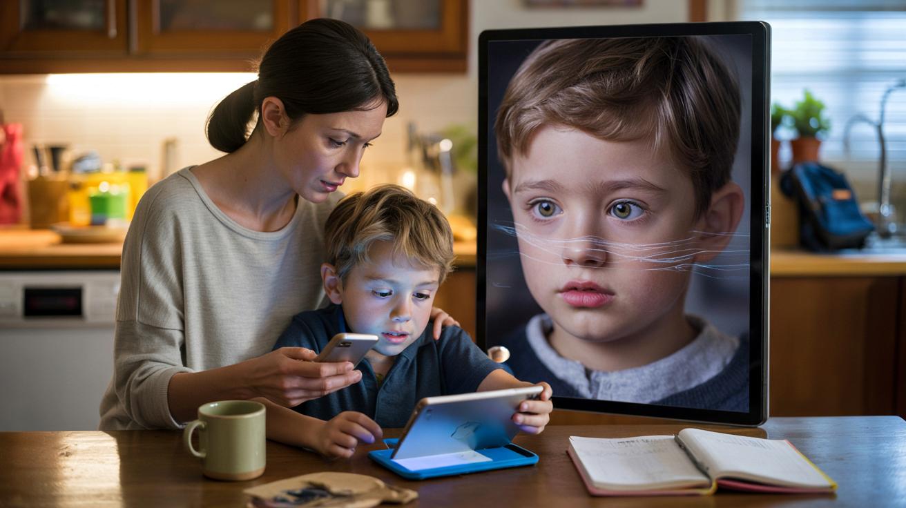 Un téléphone posé contre une tasse de café dans une cuisine ordinaire affiche l'écran d'une IA générative, symbole de la rapidité avec laquelle un enfant peut créer du contenu manipulé.