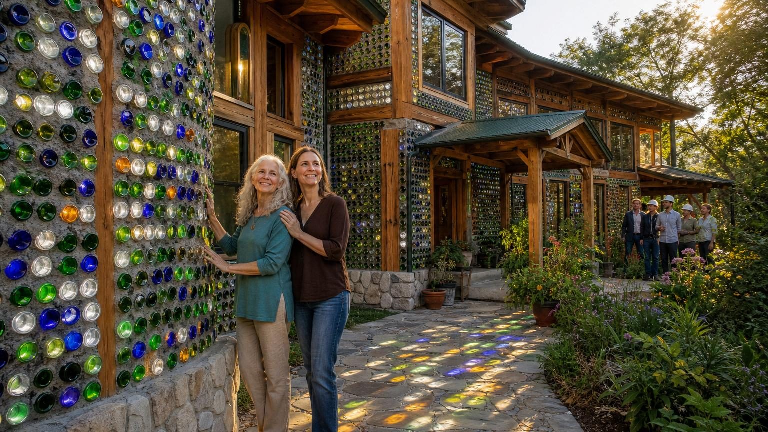 Façade d'une maison aux murs construits avec des milliers de bouteilles de verre empilées, créant un effet de lanterne géante avec des reflets verts, bruns et transparents sous la lumière du jour.
