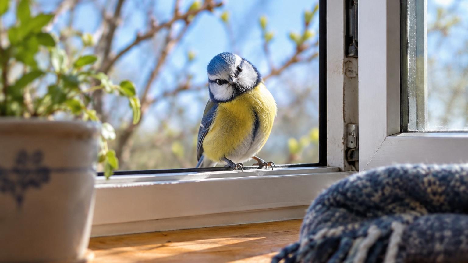 Une petite mésange aux plumes bleues et noires s'envole devant une fenêtre ouverte d'une maison en printemps, symbolisant la visite de ce visiteur ailé.