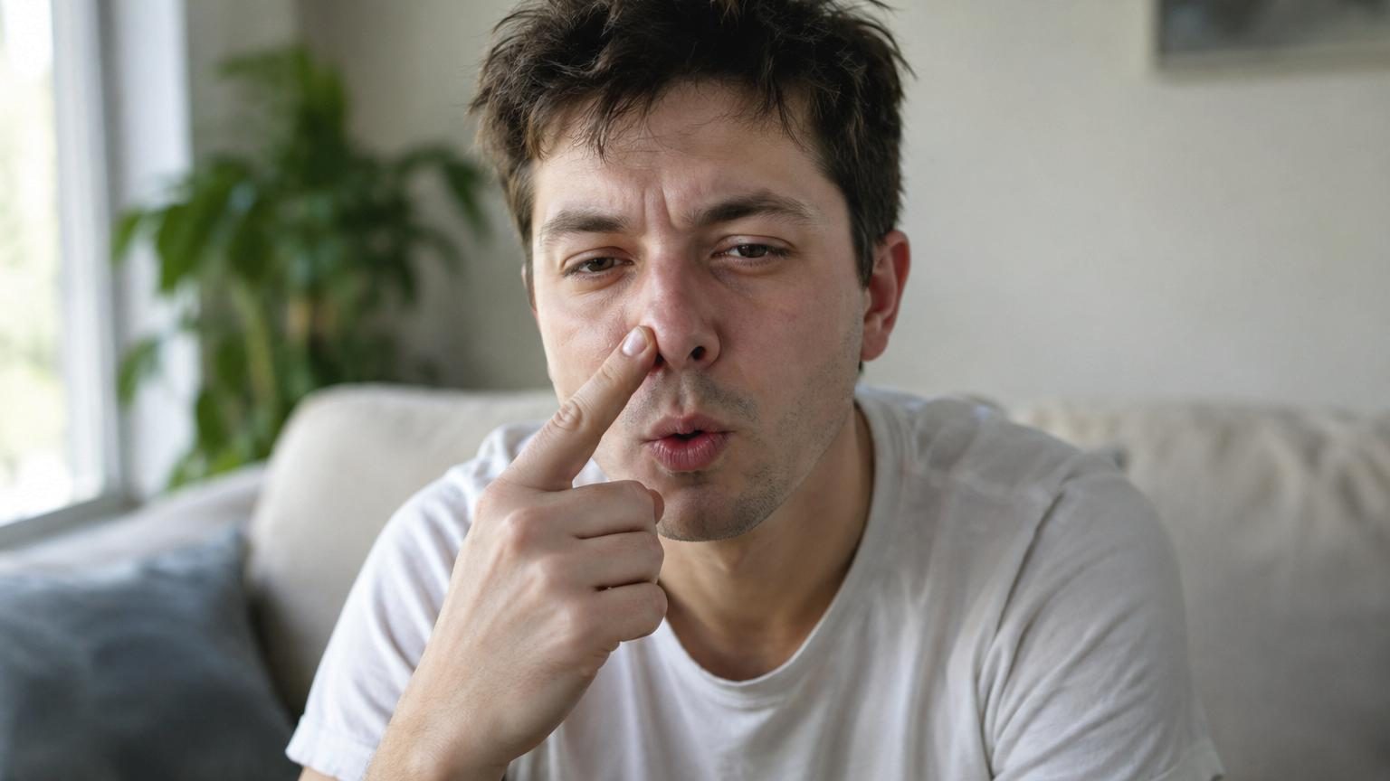 Profil d'un visage montrant le nez avec deux narines, l'une représentée claire et dégagée, l'autre légèrement gonflée et rougie, symbolisant l'alternance du cycle nasal