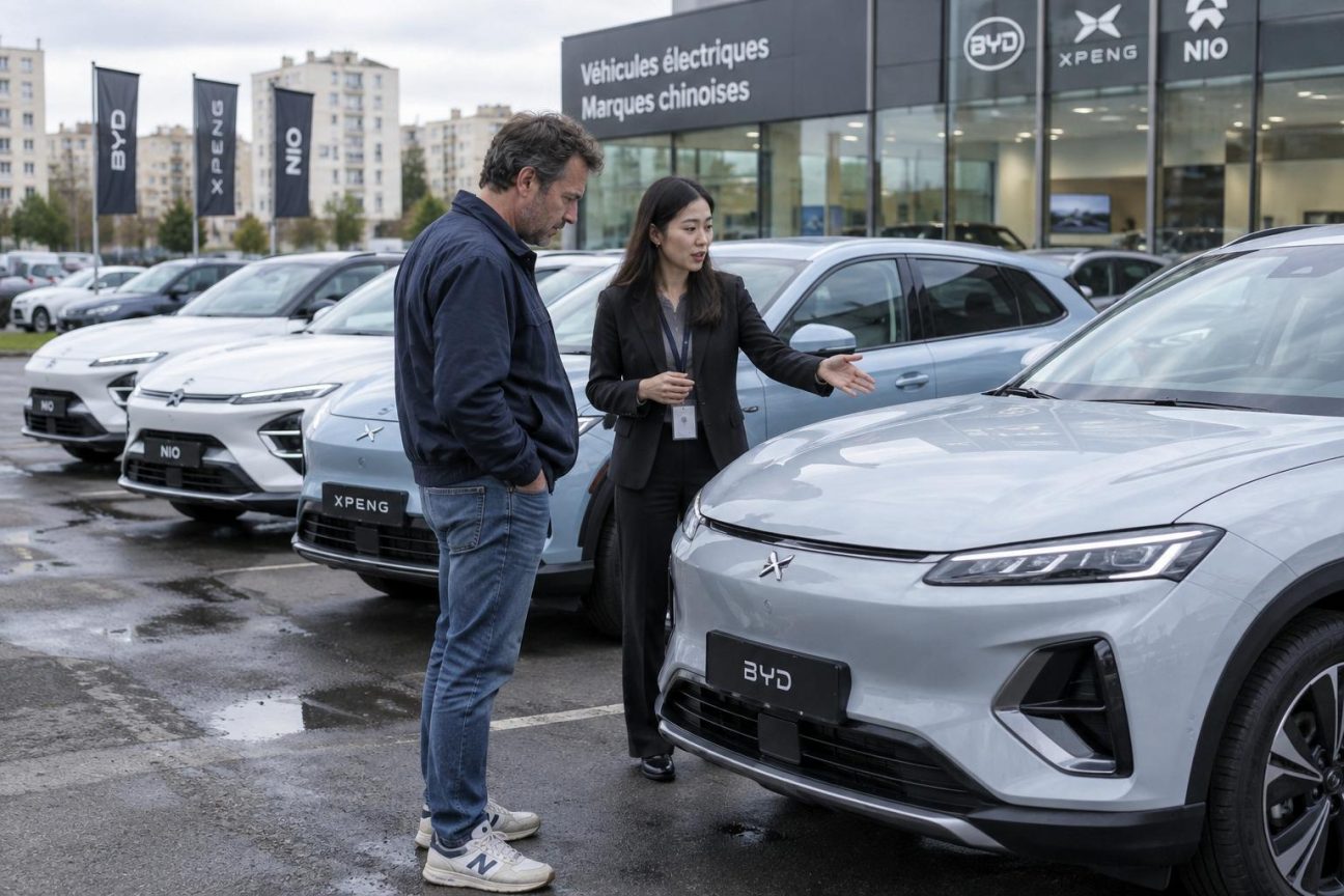 Parking de concessionnaire automobile avec rangée de berlines et SUV électriques de marques chinoises alignés à côté de modèles européens traditionnels plus volumineux