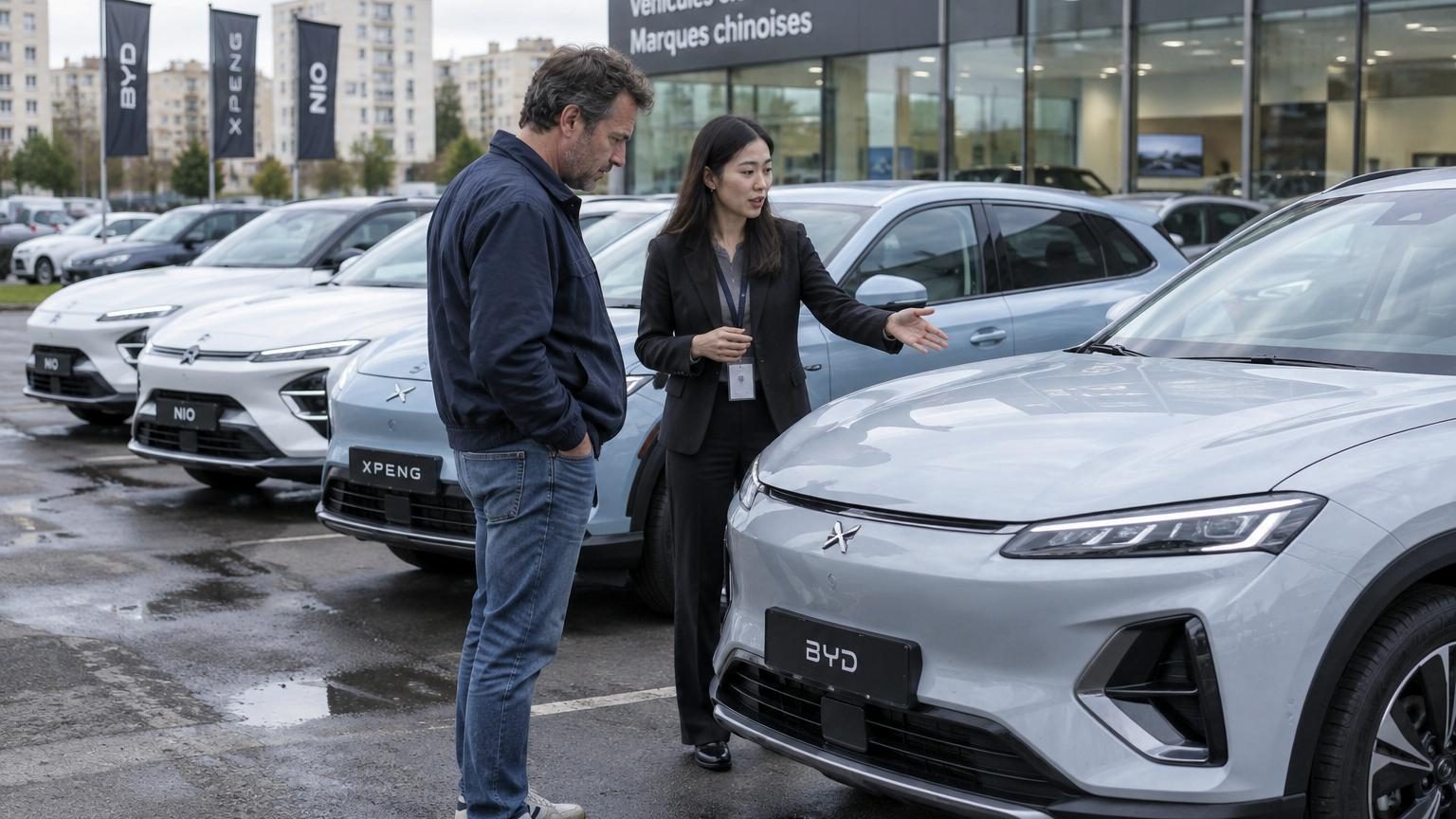Parking de concessionnaire automobile avec rangée de berlines et SUV électriques de marques chinoises alignés à côté de modèles européens traditionnels plus volumineux